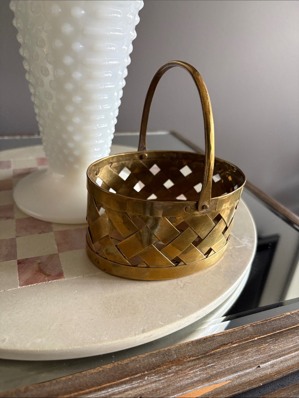 Vintage Brass Woven Basket with Handle - Gold Finish